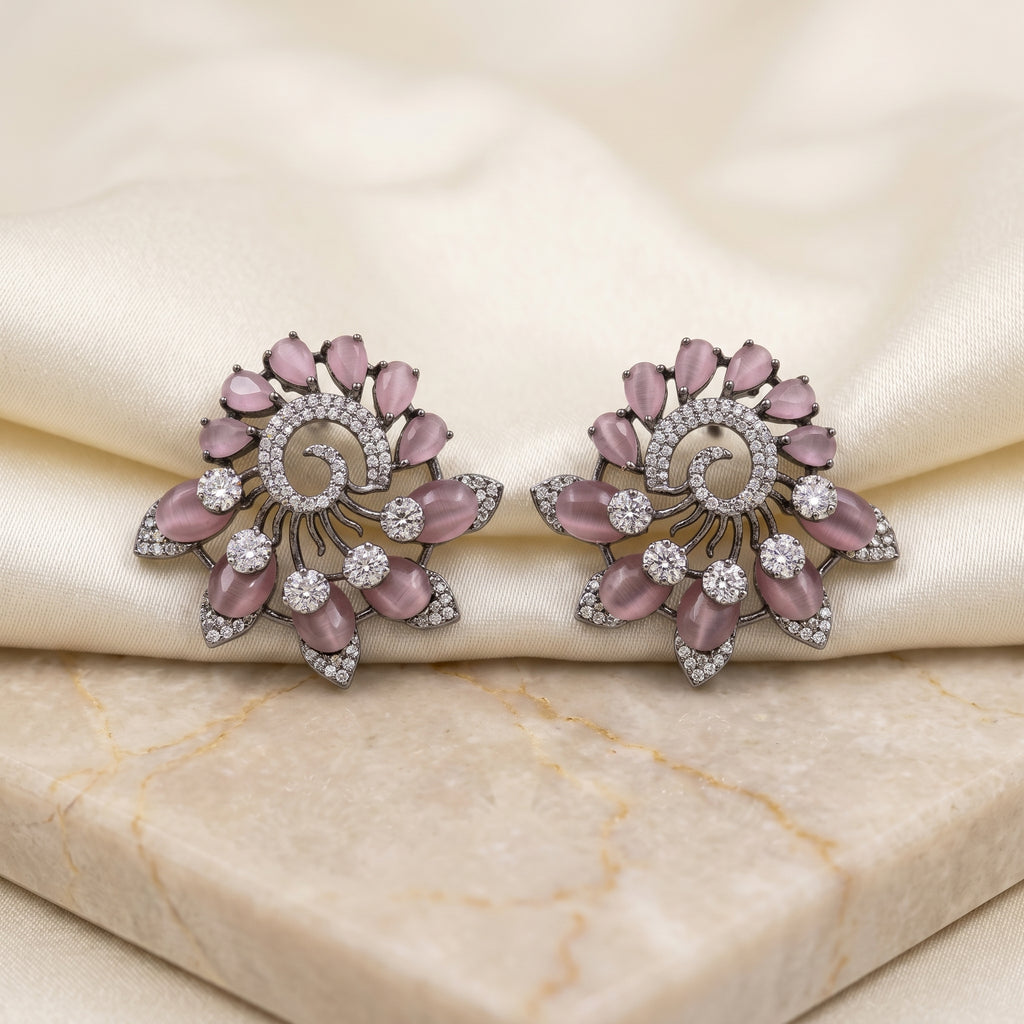 Silver CZ Mauve Catseye Swirl Stud Earrings