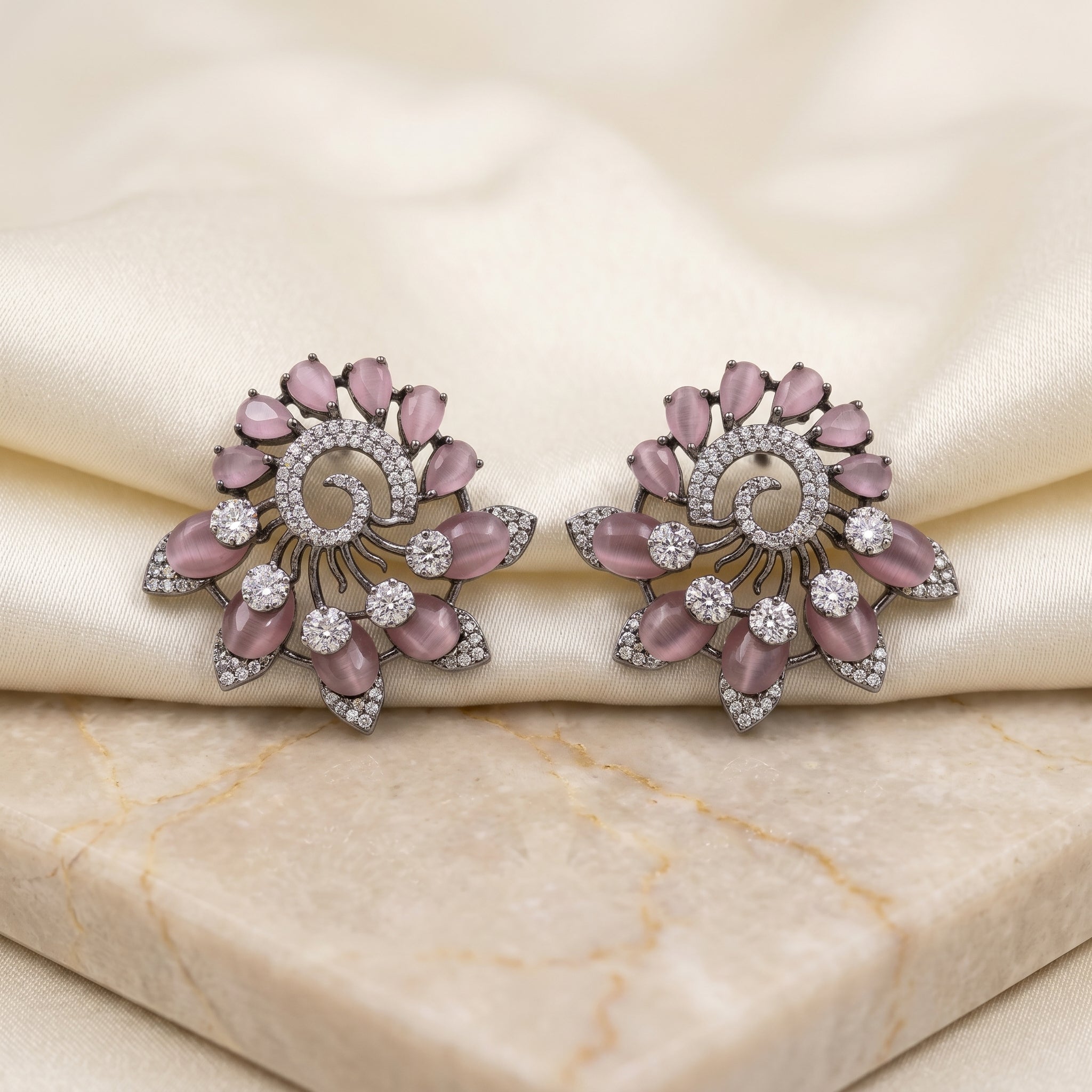 Silver CZ Mauve Catseye Swirl Stud Earrings