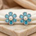 Silver CZ Turquoise Petal Pearl Centre Stud Earrings