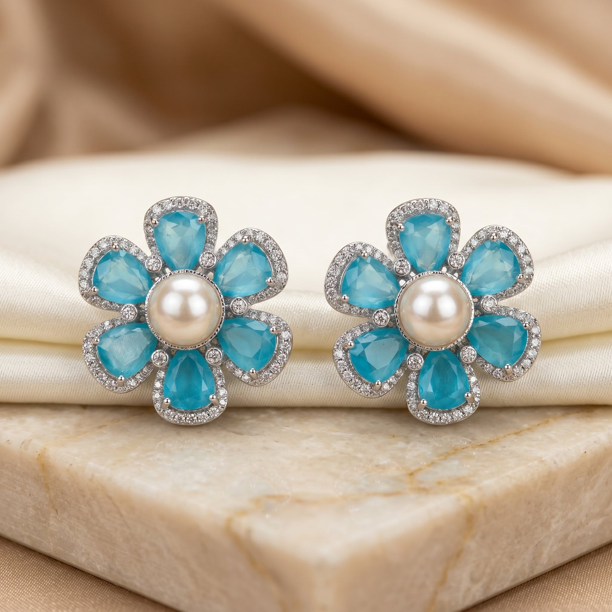 Silver CZ Turquoise Petal Pearl Centre Stud Earrings