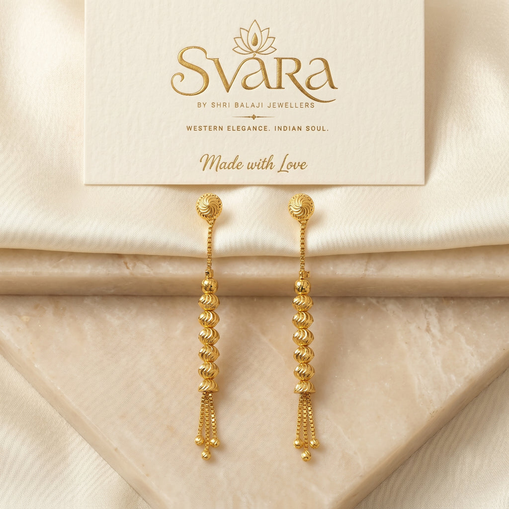 Gold Antique Fluted Bead Tassel Drop Earrings