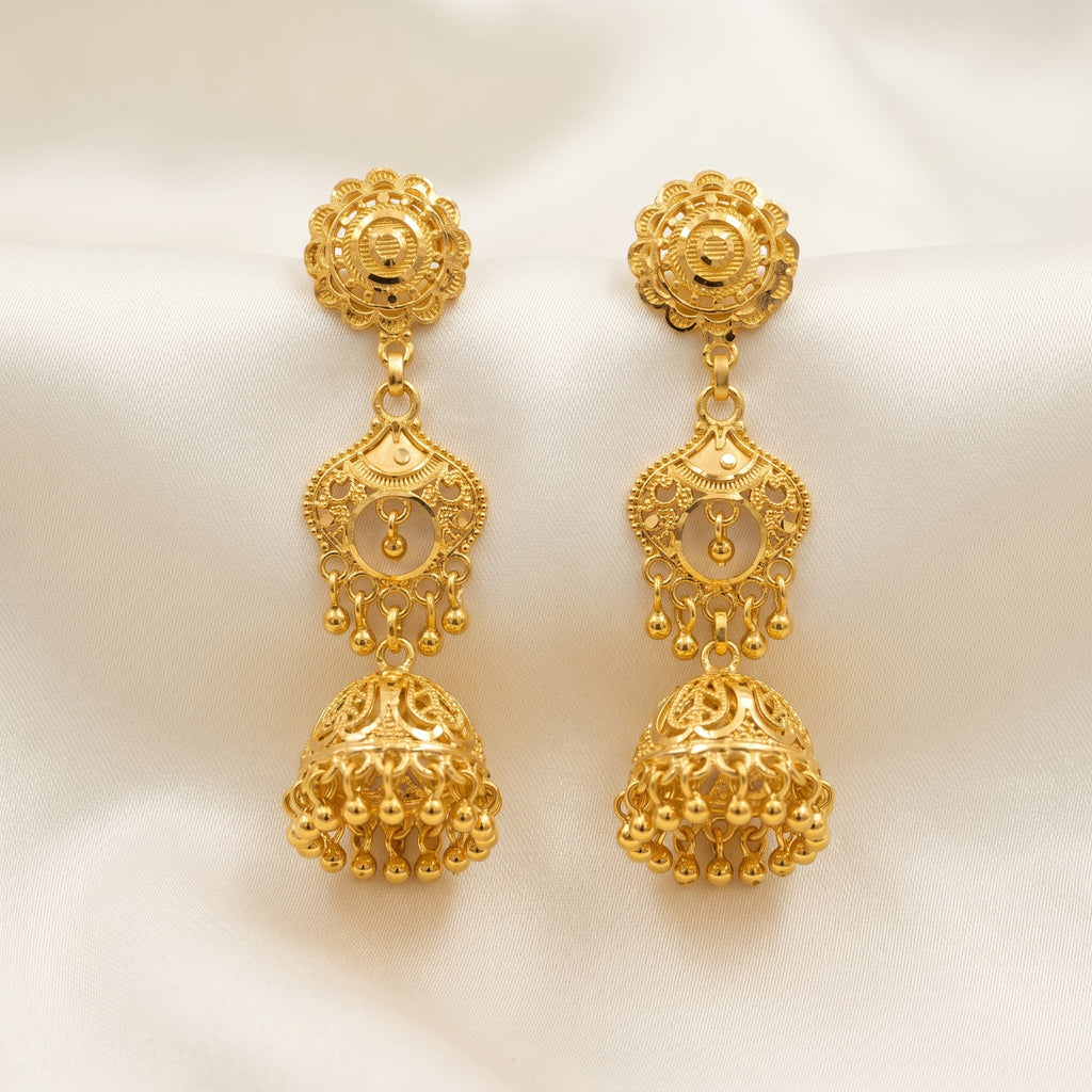 Gold Antique Tiered Filigree Jhumka Earrings
