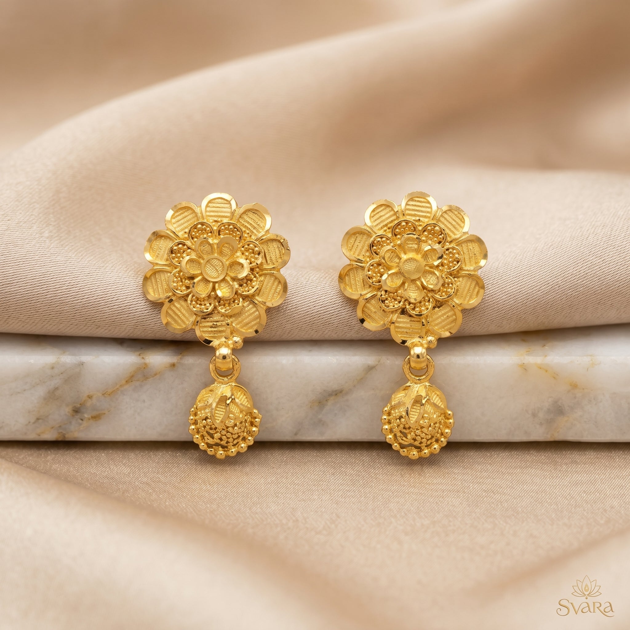 Gold Antique Floral Mini Jhumka Earrings