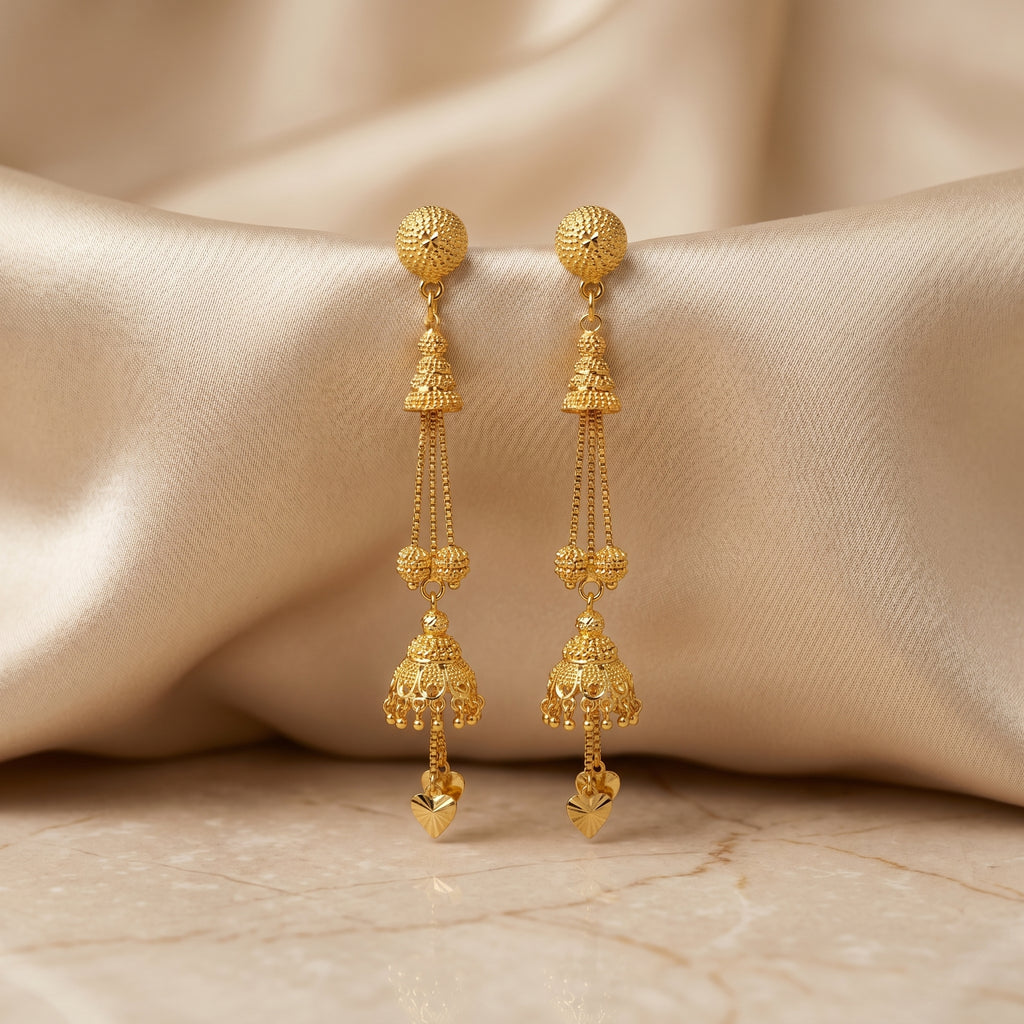 Gold Antique Tiered Bell Heart Drop Earrings