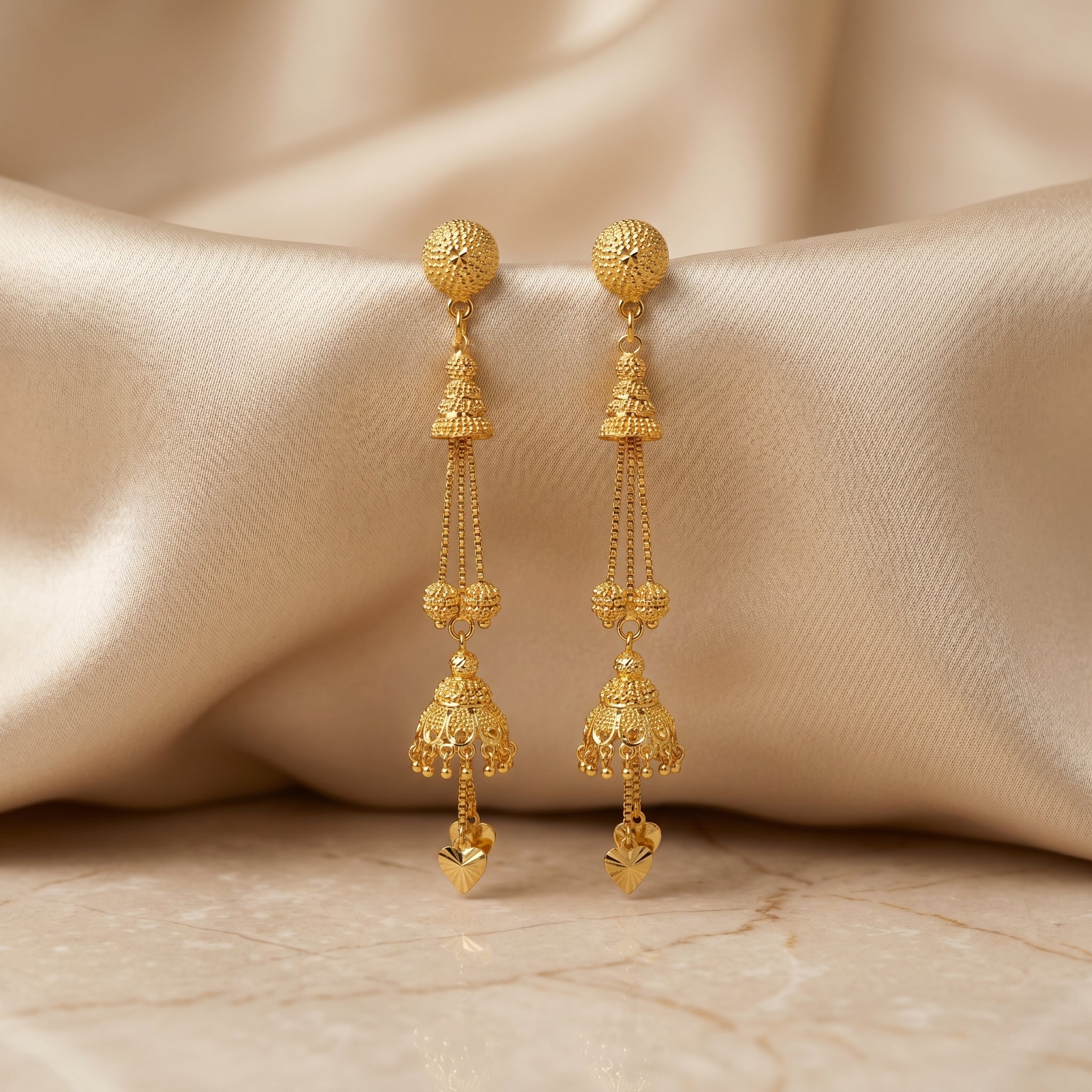 Gold Antique Tiered Bell Heart Drop Earrings