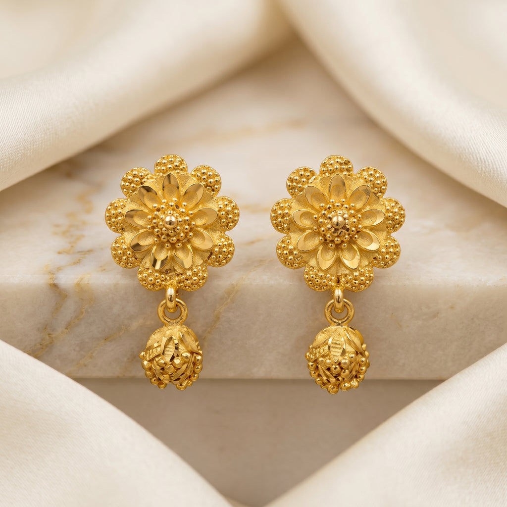 Gold Antique Layered Flower Bud Drop Earrings