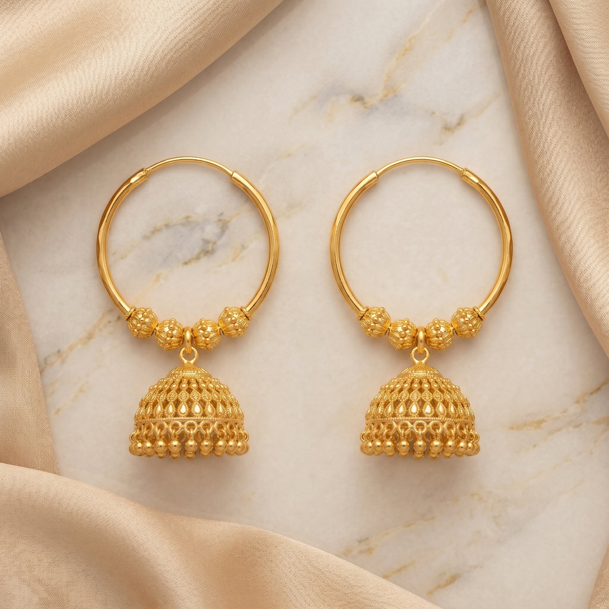 Gold Antique Beaded Hoop Jhumka Earrings