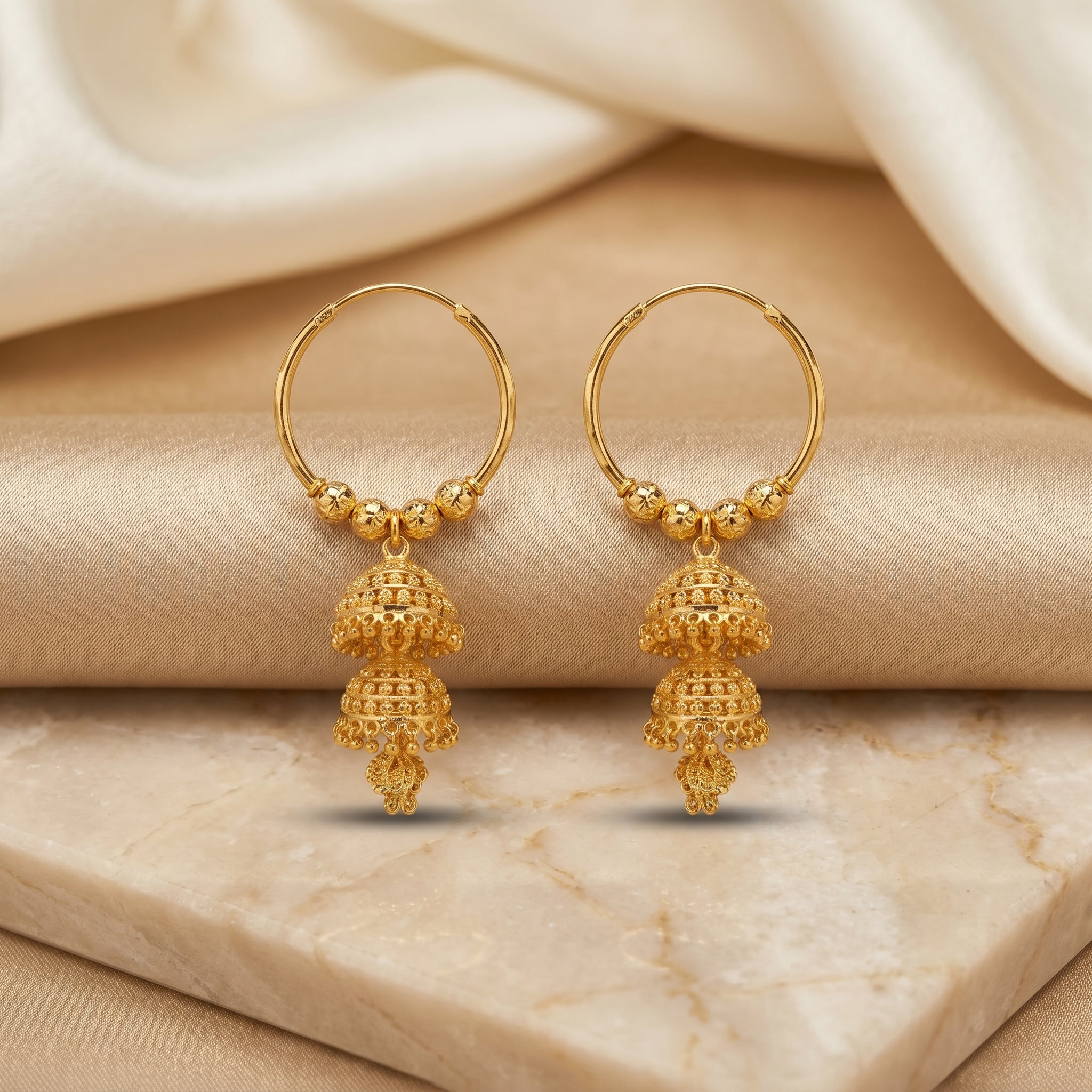 Gold Antique Hoop Double-Tier Beaded Jhumka Earrings
