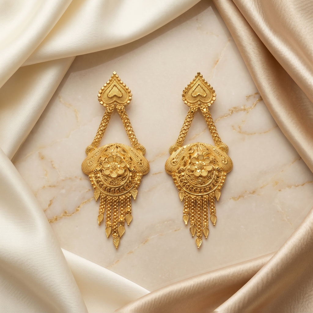 Gold Antique Floral Medallion Leaf Fringe Earrings