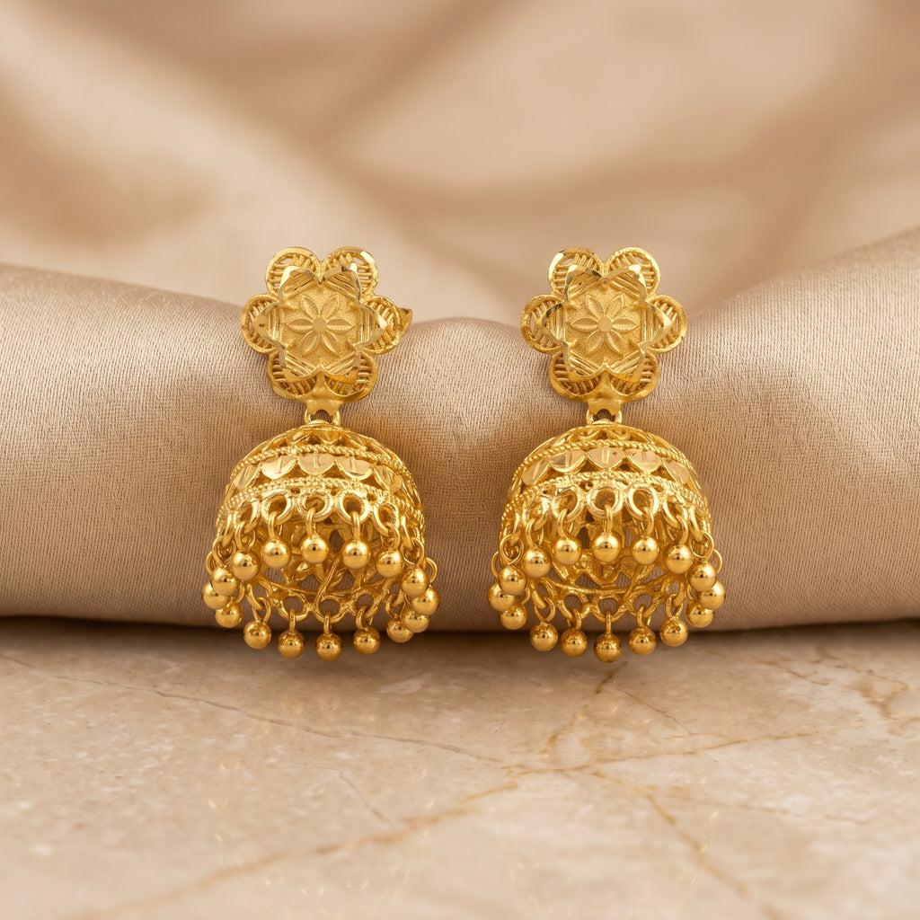 Gold Antique Six-Petal Floral Jhumka Earrings