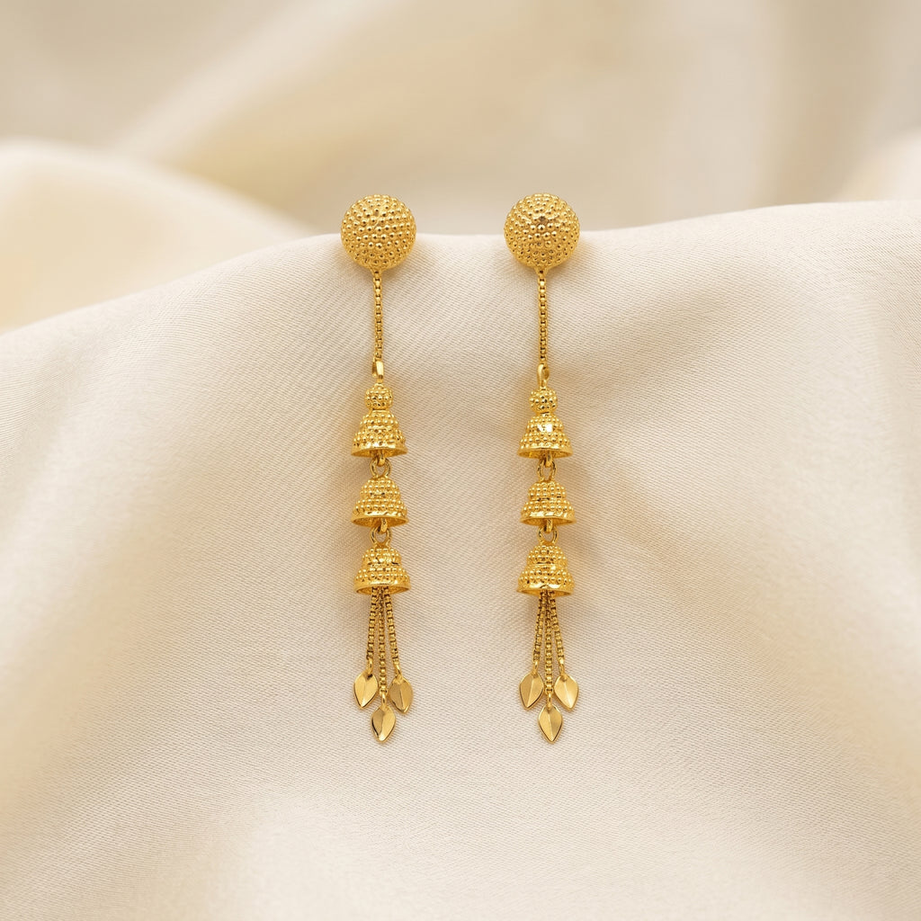 Gold Antique Triple Bell Leaf Fringe Earrings