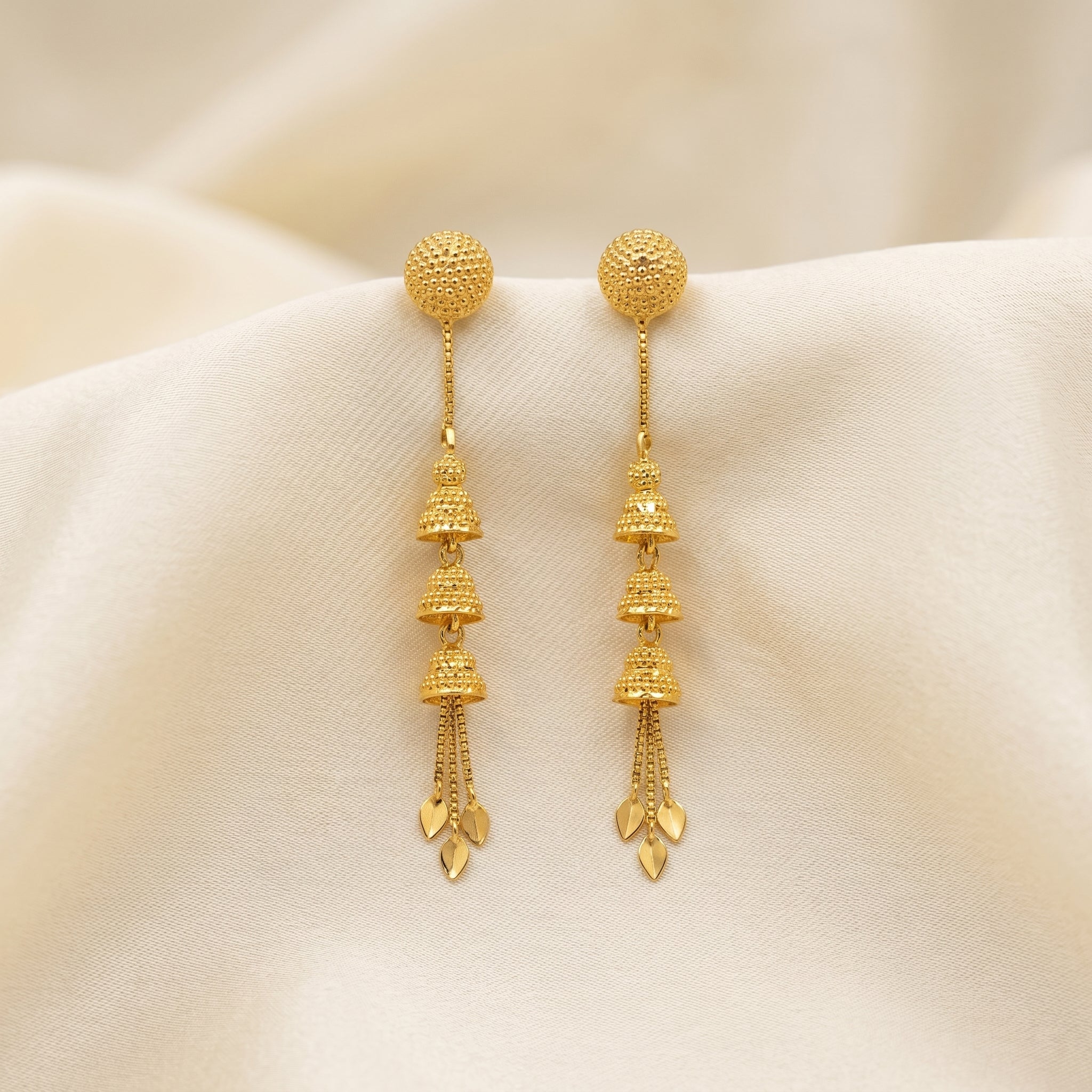 Gold Antique Triple Bell Leaf Fringe Earrings