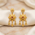 Gold Antique Ruby Daisy Teardrop Earrings