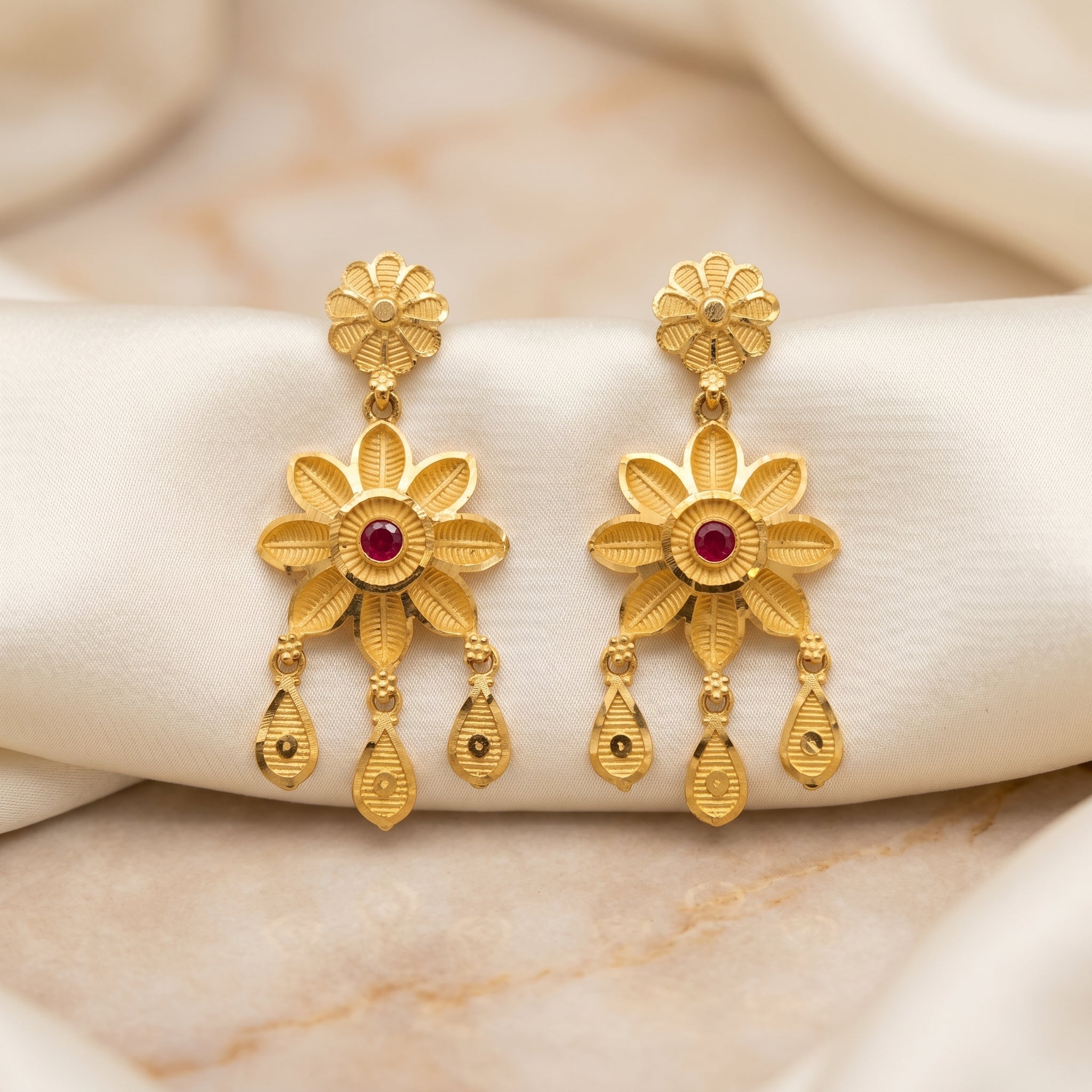 Gold Antique Ruby Daisy Teardrop Earrings