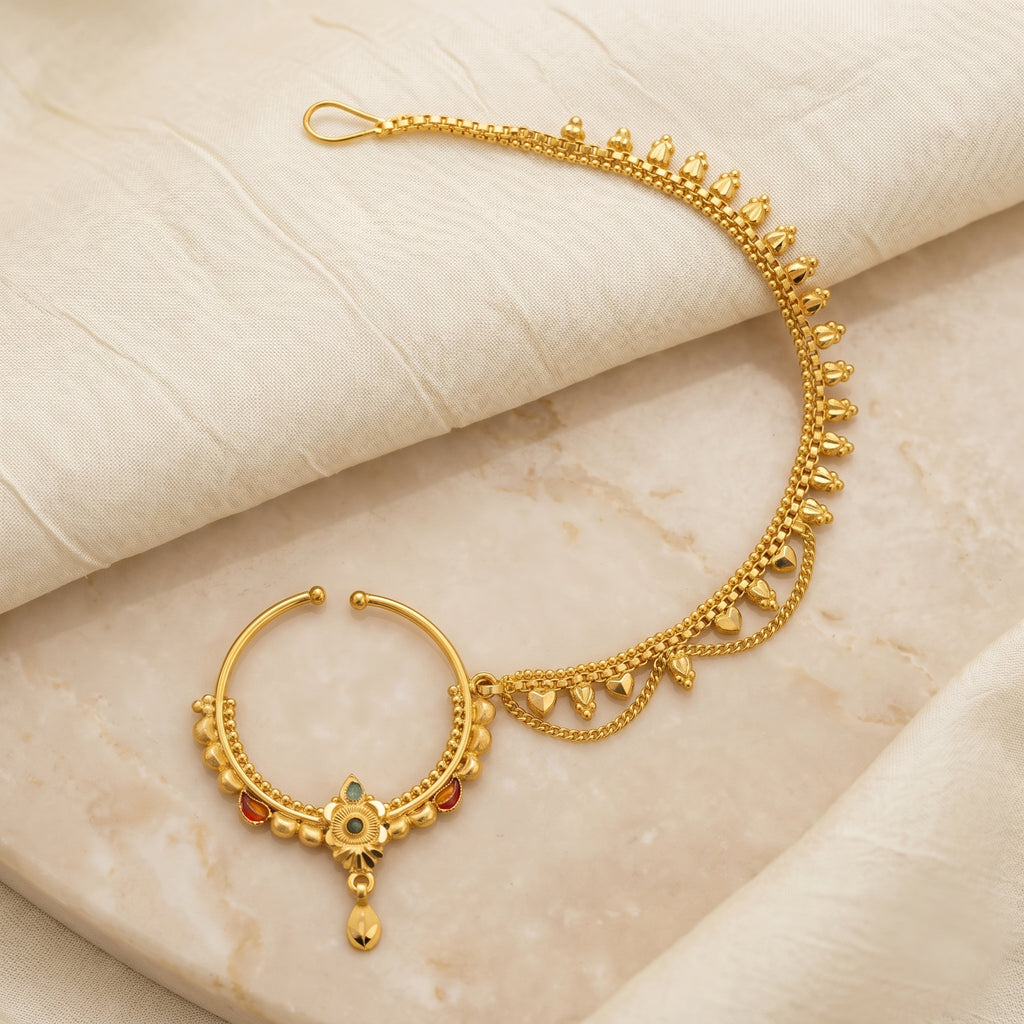 Gold Floral Meenakari Chained Nath