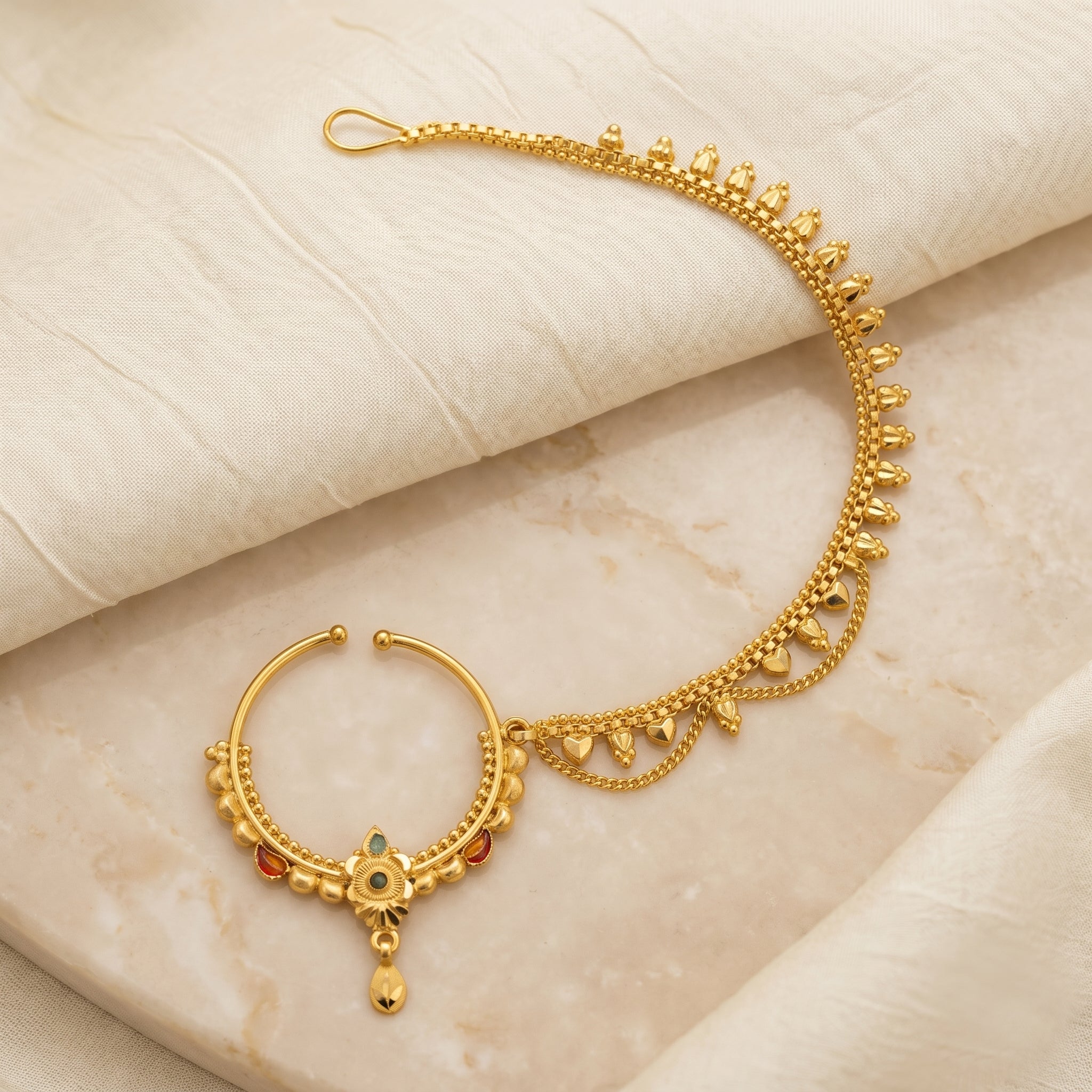 Gold Floral Meenakari Chained Nath
