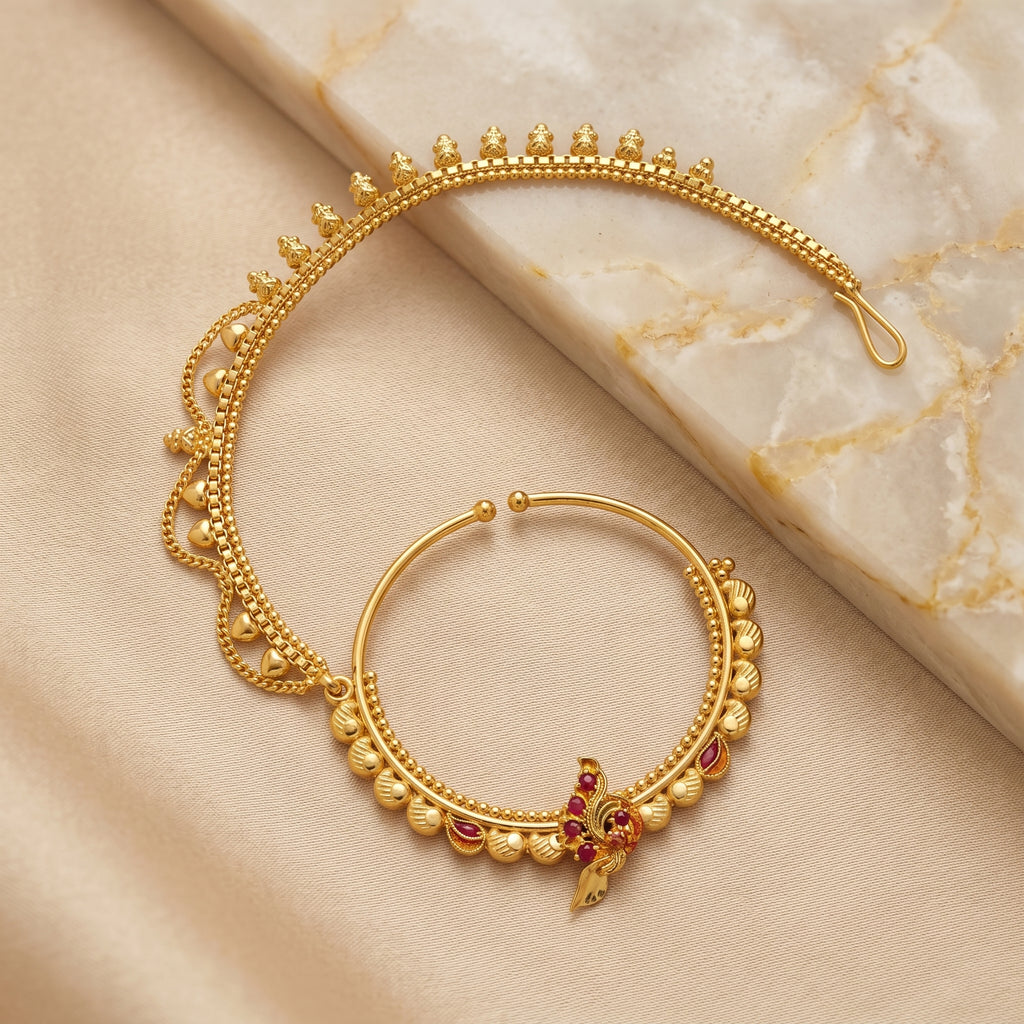 Gold Peacock Meenakari Chained Nath