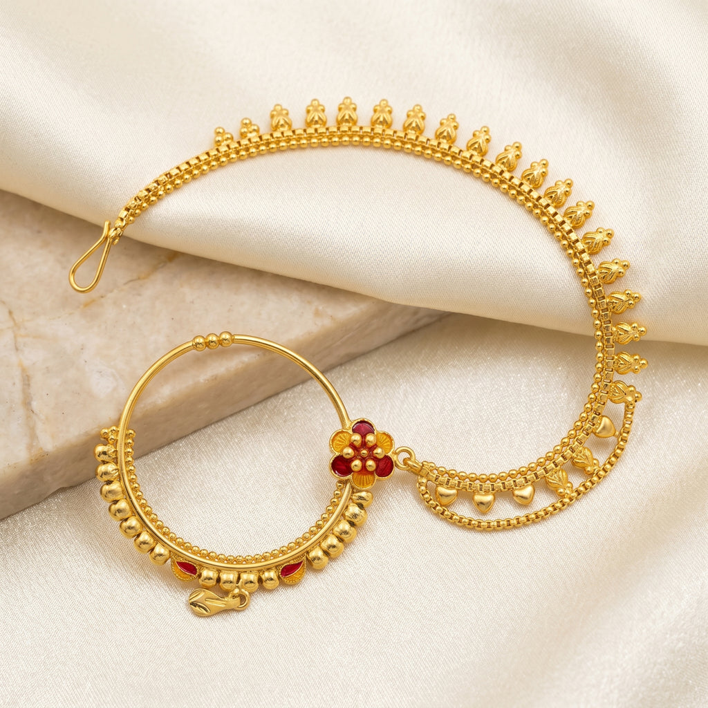 Gold Floral Bud Chained Nath with Mango Drop
