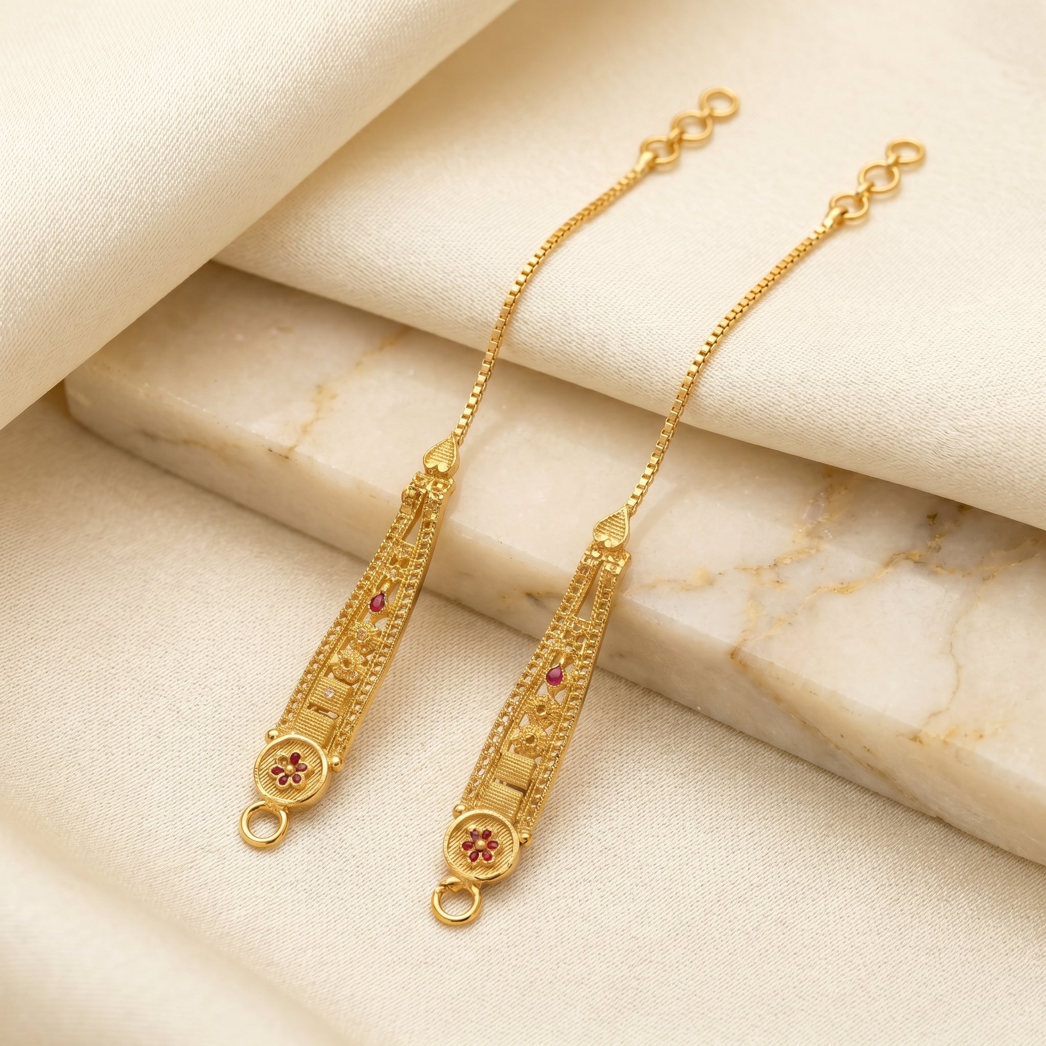 Gold Filigree Ruby Floral Ear Chain