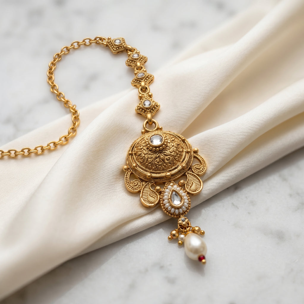 Gold Mughal Dome Medallion Pearl Drop Maang Tikka