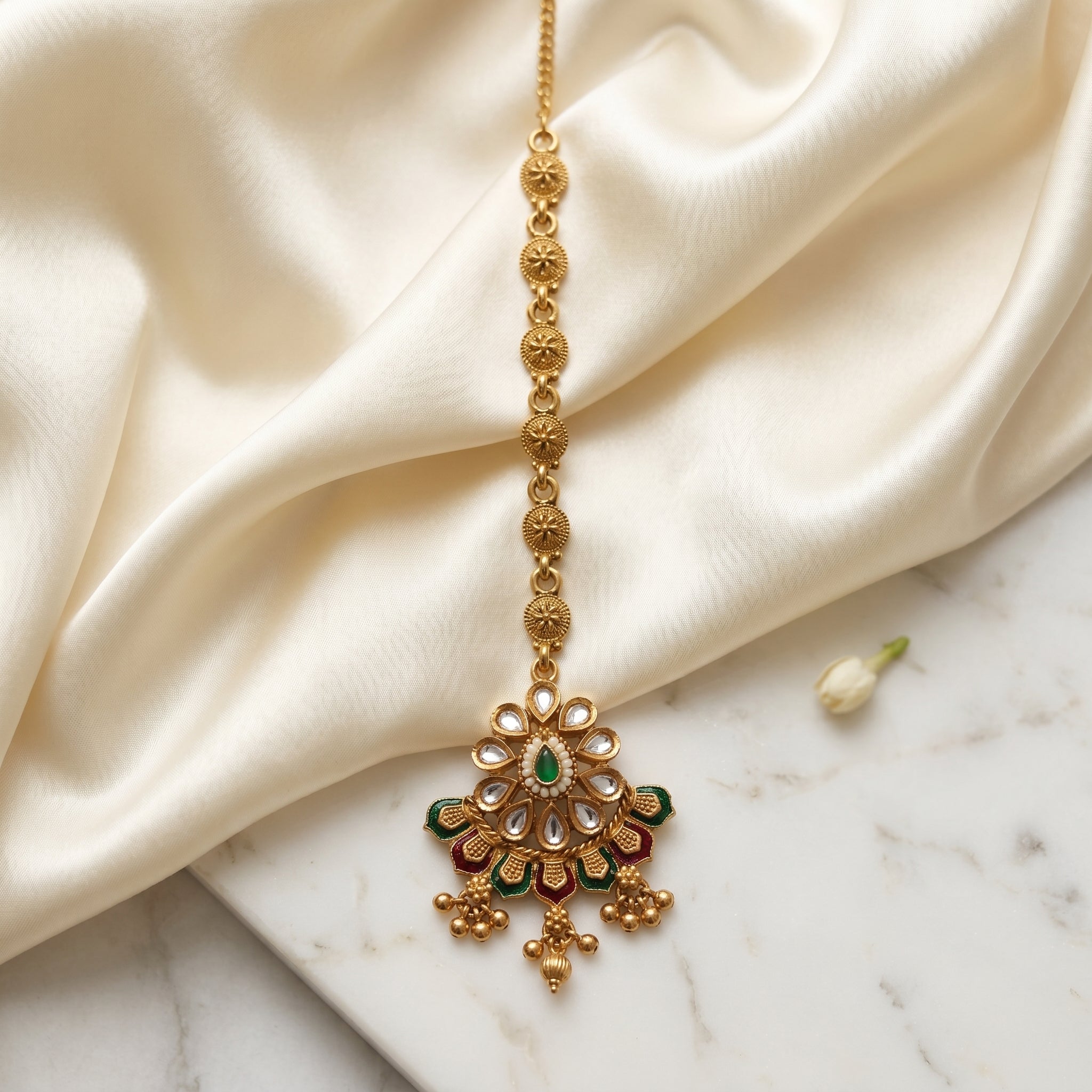 Gold Kundan Lotus Fan Meenakari Maang Tikka