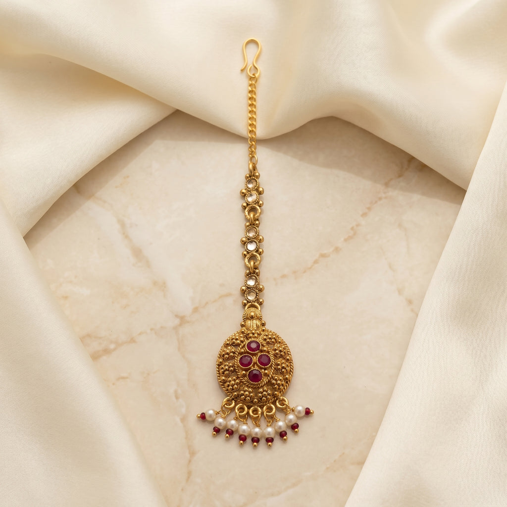 Gold Temple Granule Oval Ruby Pearl Fringe Maang Tikka
