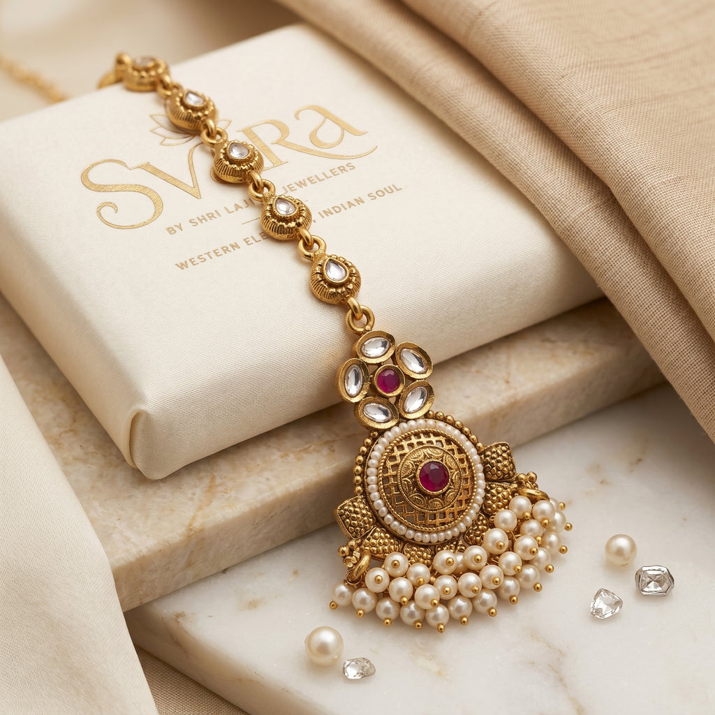 Gold Jali Medallion Pearl Cluster Kundan Maang Tikka