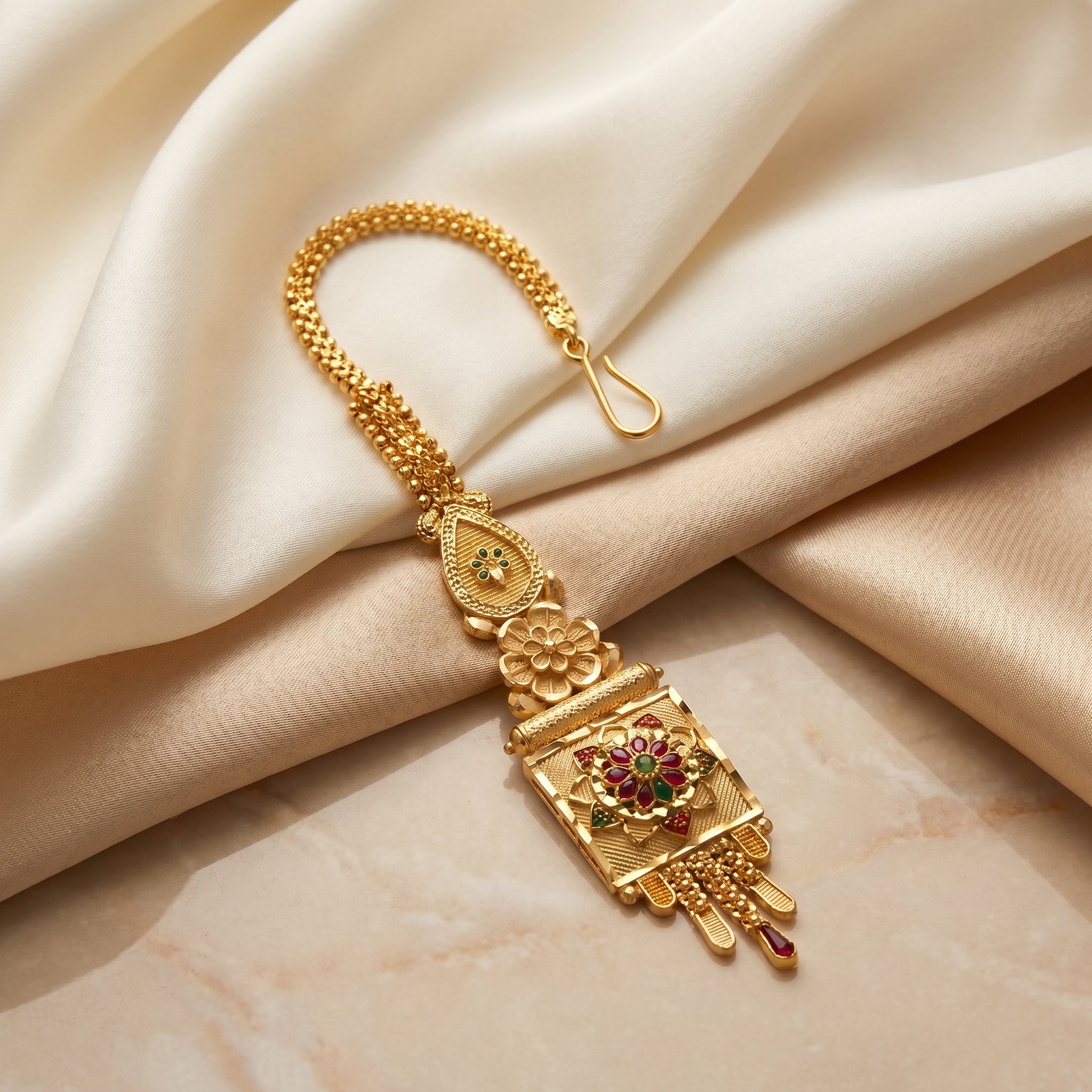 Gold Floral Rosette Rectangular Panel Maang Tikka