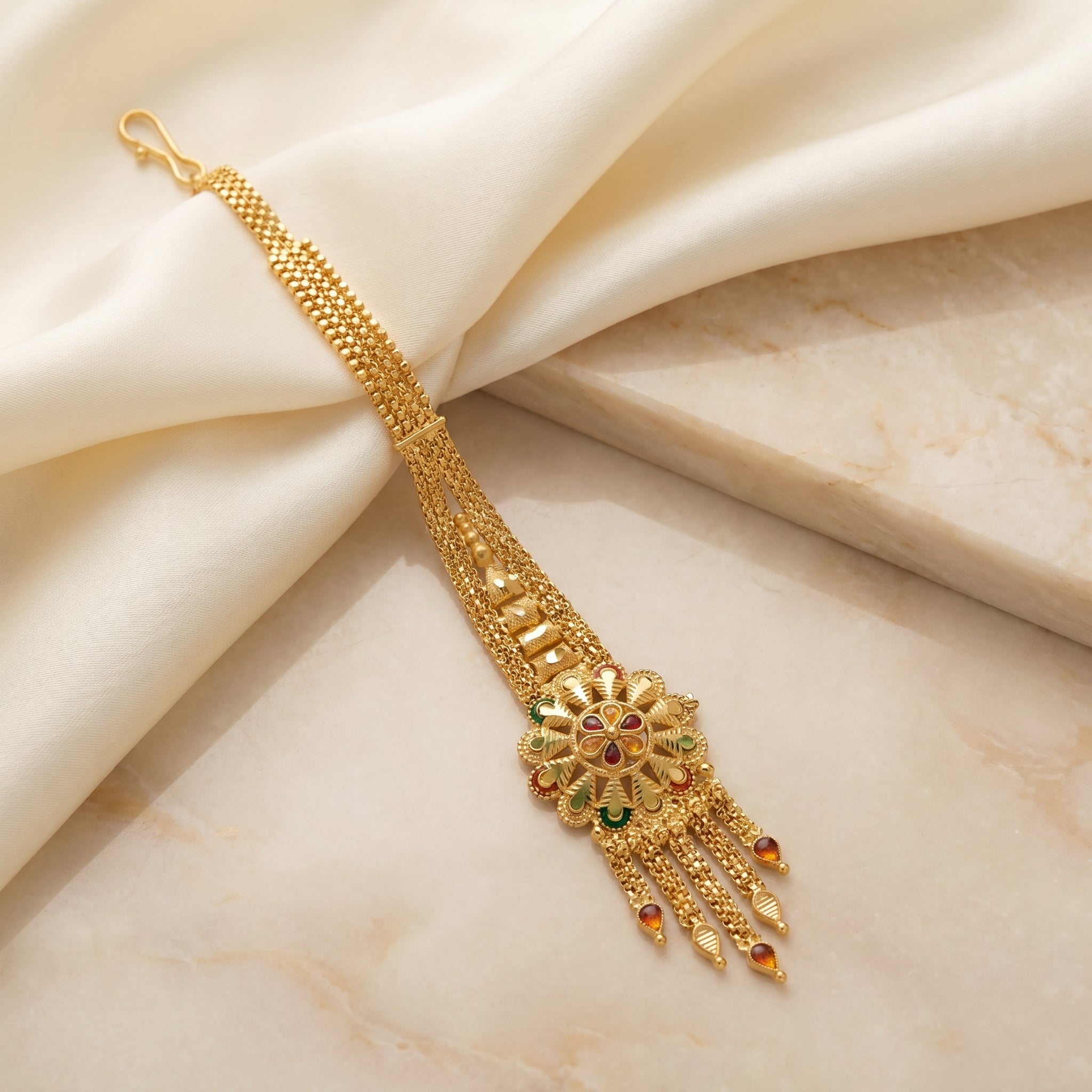 Gold Chakra Wheel Multicolour Meenakari Tassel Maang Tikka
