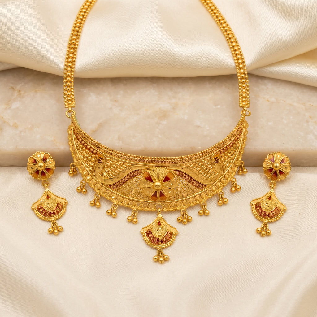 Gold Meenakari Filigree Crescent Fan Drop Necklace Set