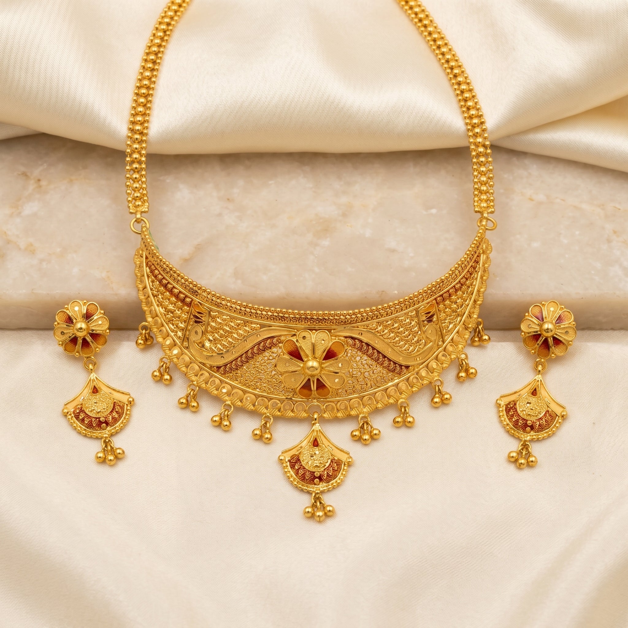 Gold Meenakari Filigree Crescent Fan Drop Necklace Set
