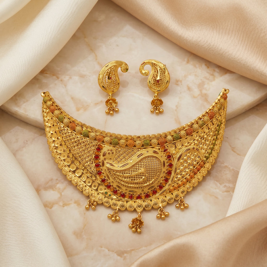 Gold Meenakari Peacock Grand Crescent Choker Necklace Set