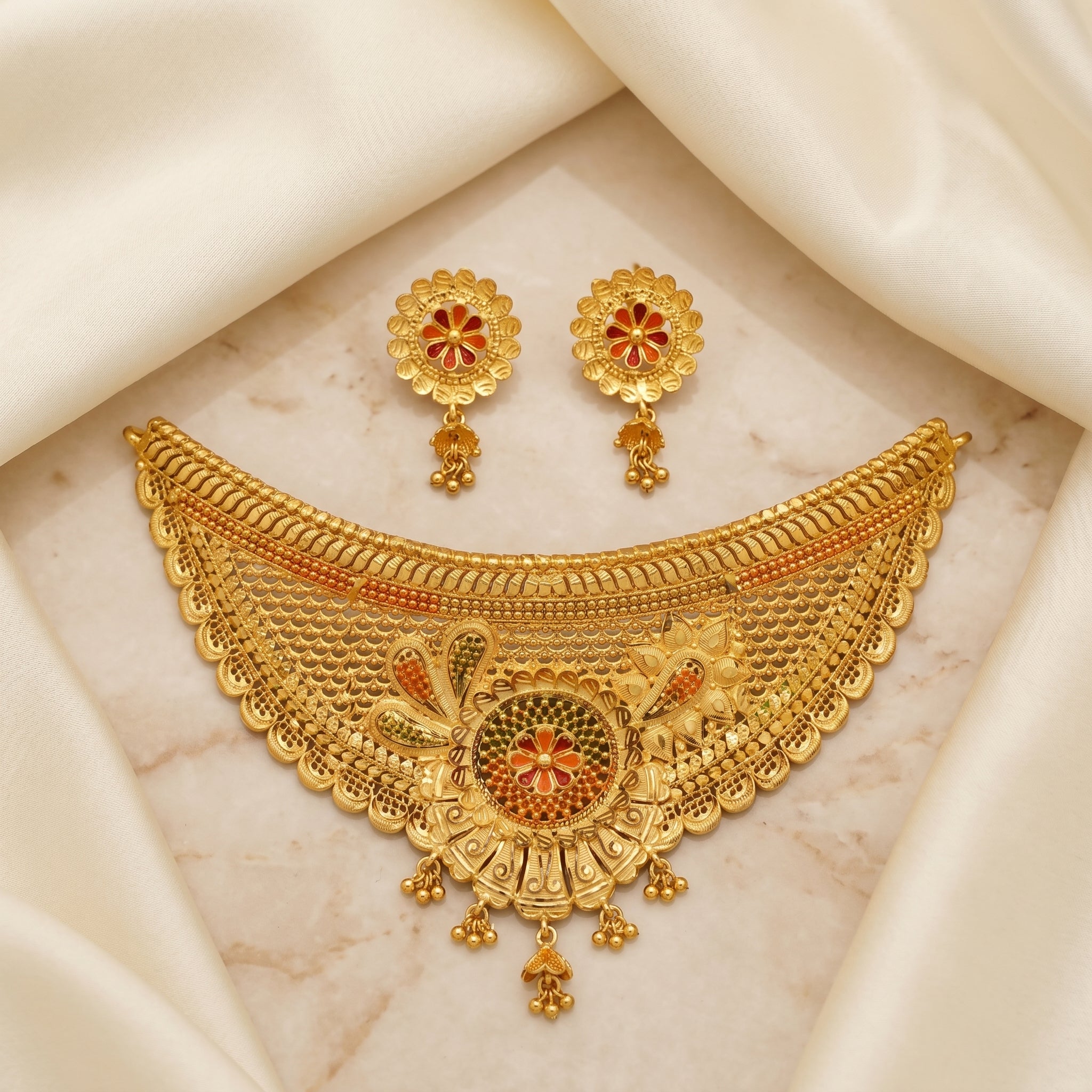 Gold Meenakari Scallop Fan Choker Necklace Set