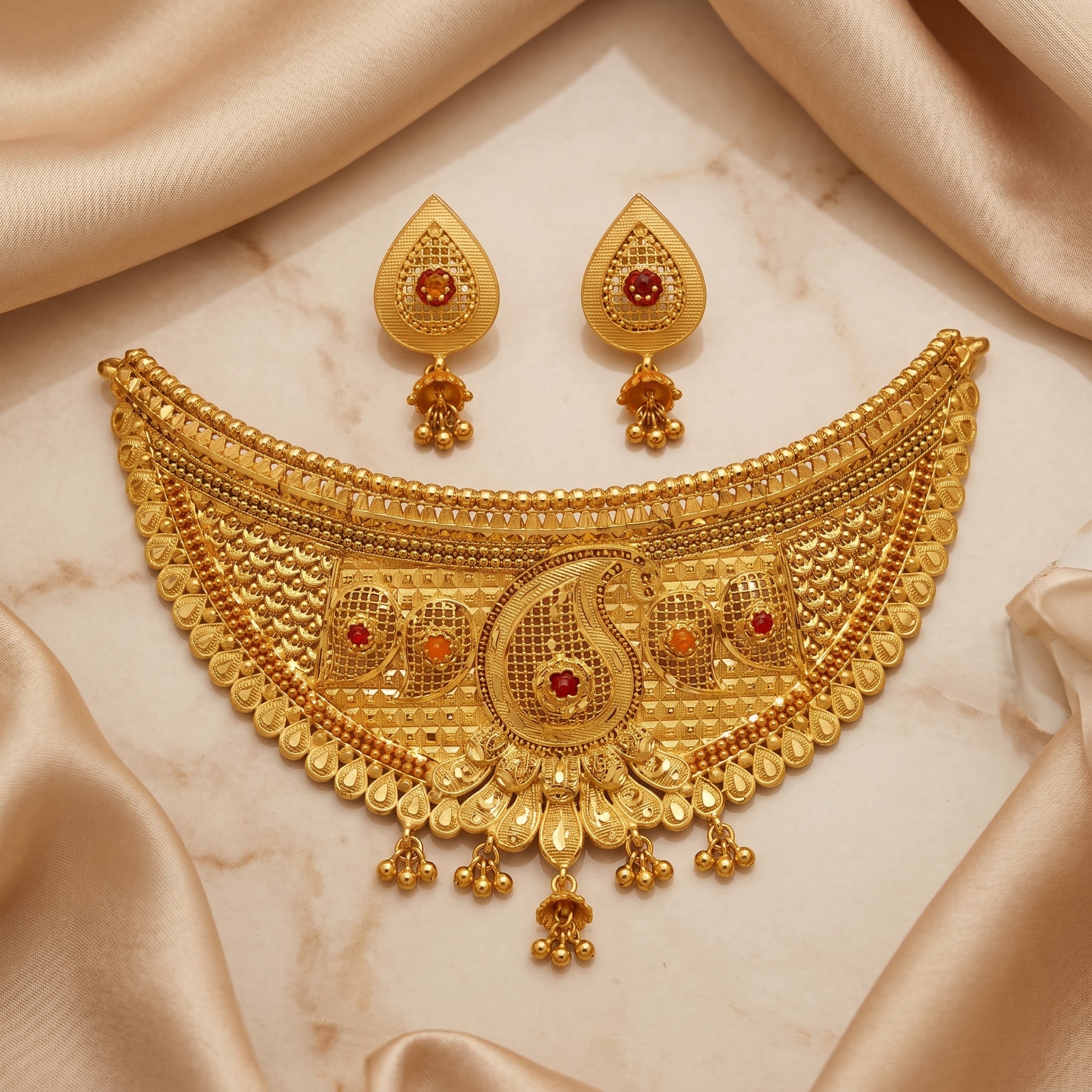 Gold Meenakari Paisley Lattice Wide Choker Necklace Set