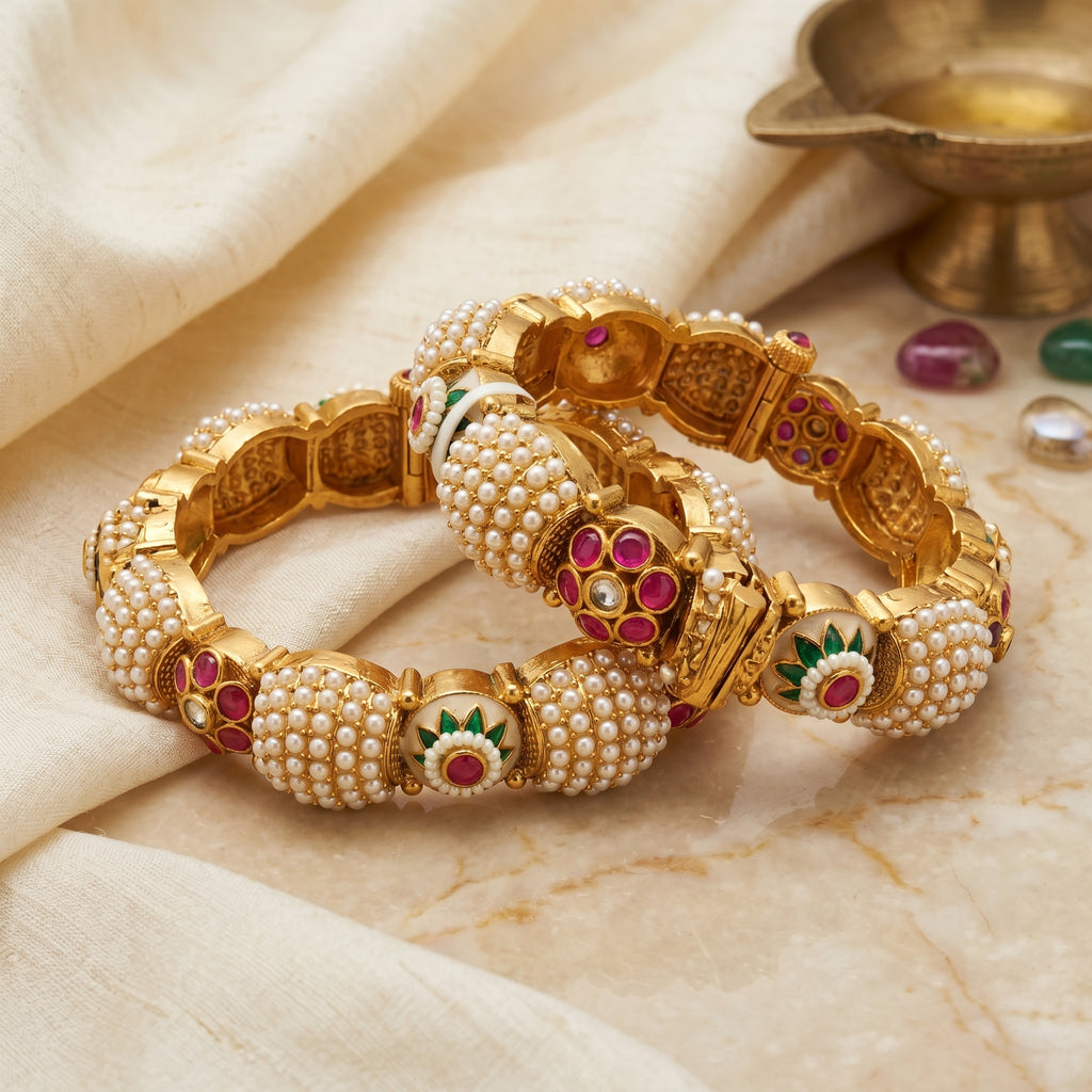 Gold Pearl Dome Ruby Emerald Meenakari Bangle Pair
