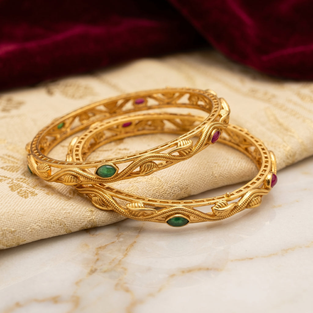 Gold Twisted Vine Ruby Emerald Bangle Pair