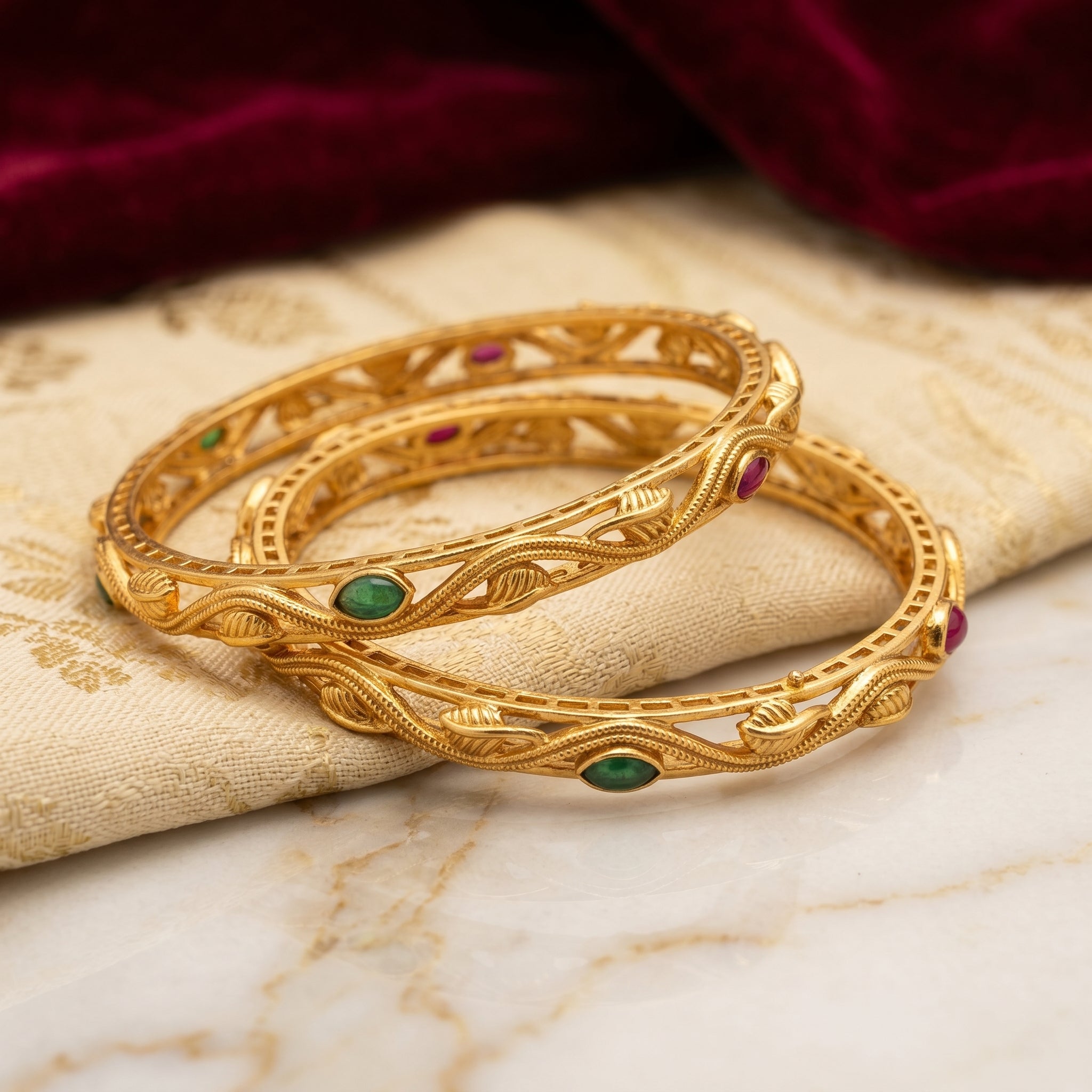 Gold Twisted Vine Ruby Emerald Bangle Pair