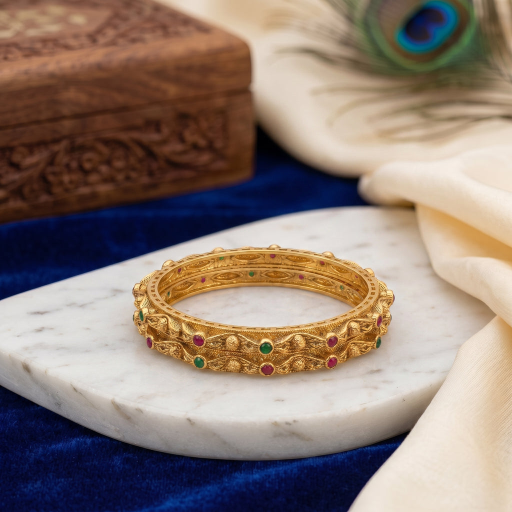 Gold Temple Filigree Ruby Emerald Stud Bangle Pair