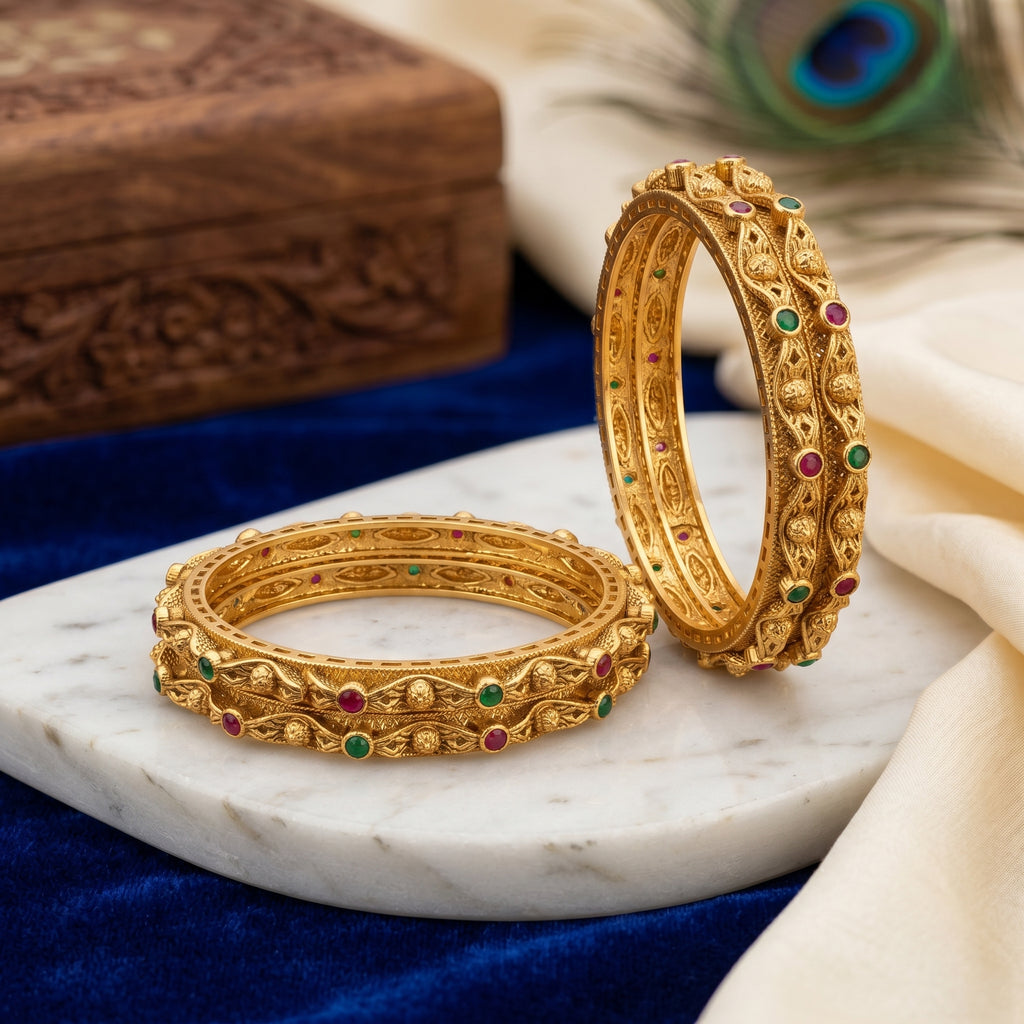 Gold Temple Filigree Ruby Emerald Stud Bangle Pair