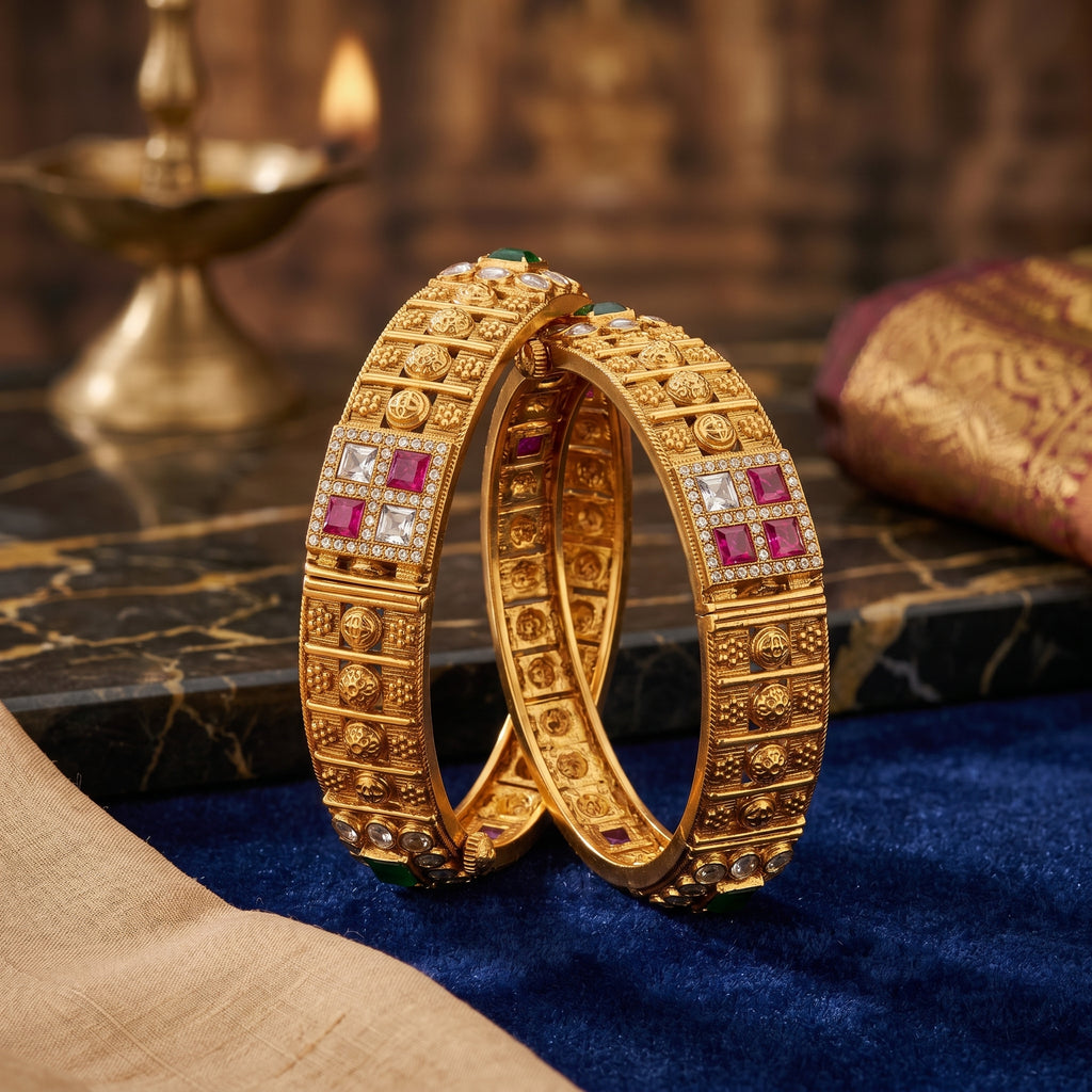 Gold Temple Coin Ruby CZ Checkerboard Bangle Pair