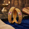 Gold Temple Coin Ruby CZ Checkerboard Bangle Pair