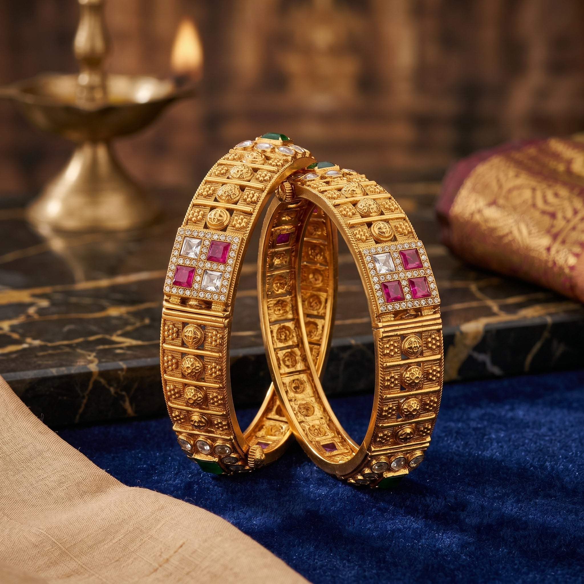 Gold Temple Coin Ruby CZ Checkerboard Bangle Pair