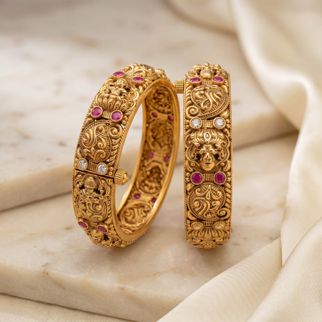 Gold Devi Mukha Nakshi Temple Relief Bangle Pair