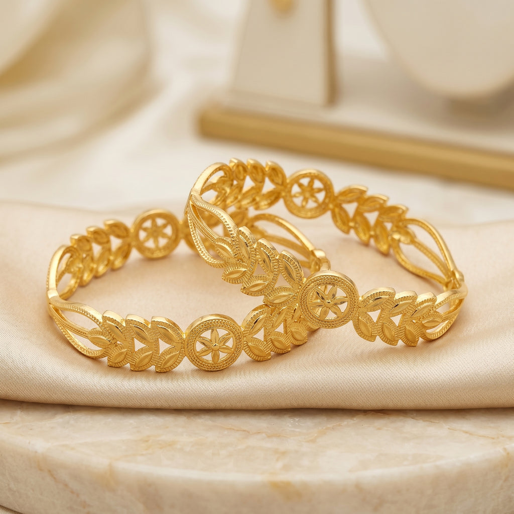 Gold Chakra Wheel and Leaf Cluster Open-Work Bangle Pair