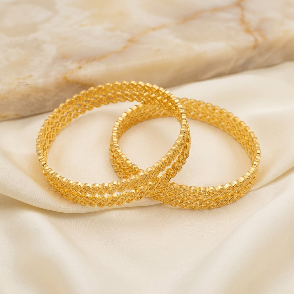 Gold Diagonal Braid Lattice Box-Edge Bangle Pair