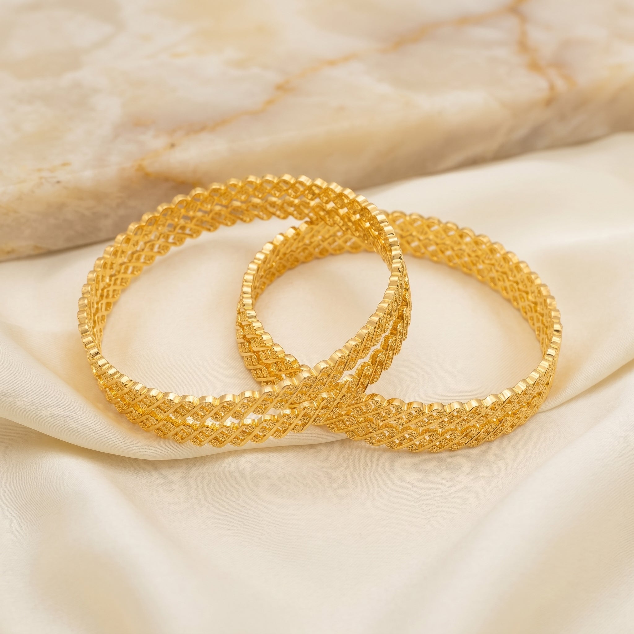 Gold Diagonal Braid Lattice Box-Edge Bangle Pair