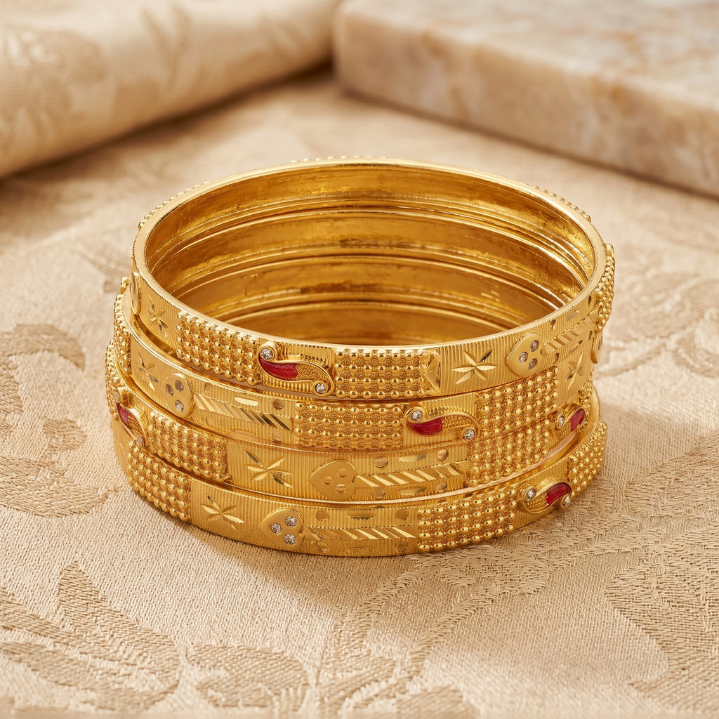 Gold Textured Enamel CZ Bangle Pair