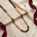 Gold Black Bead Floral Panel Long Mangalsutra Set