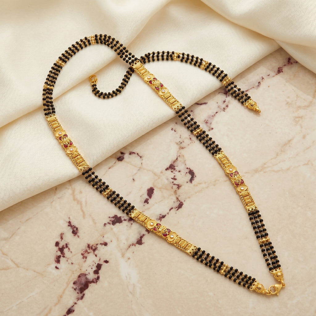 Gold Black Bead Pearl Enamel Panel Long Mangalsutra Set