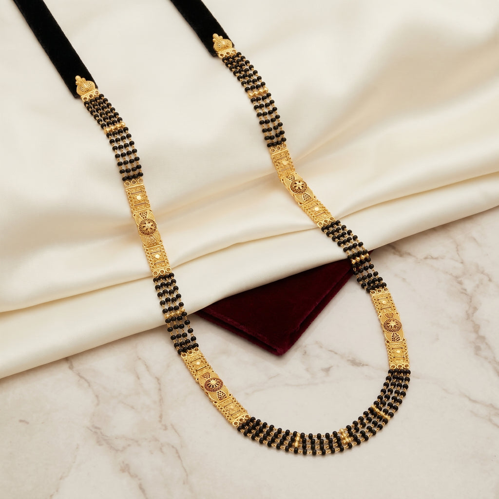 Gold Black Bead Filigree Bar Long Mangalsutra Set